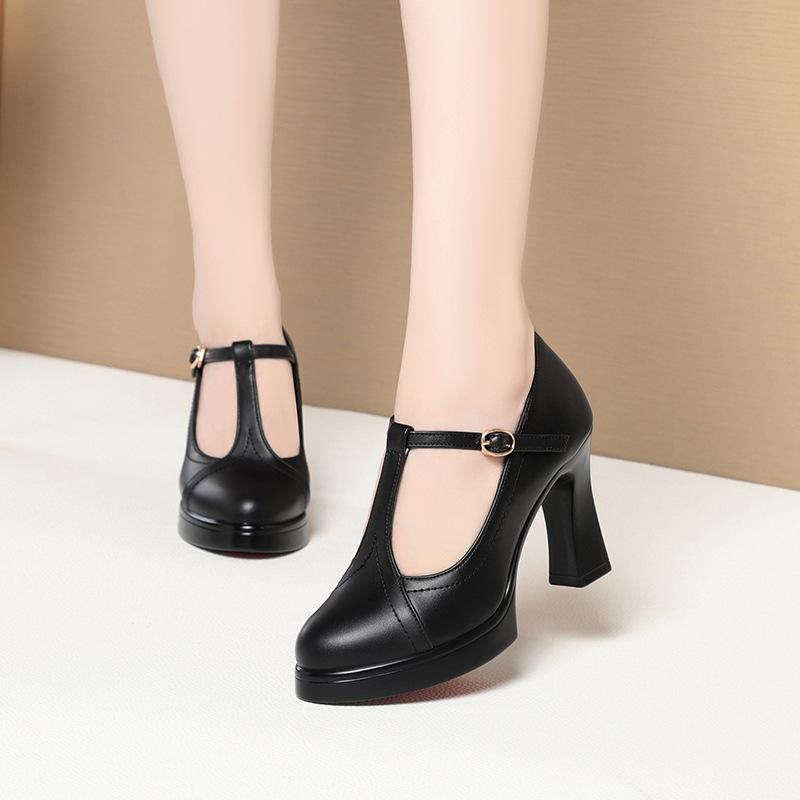 One-word Buckle Single Shoes Women's Summer New Thick Heel Model Catwalk Shoes Commuter Waterproof Table Leather Shoes Black