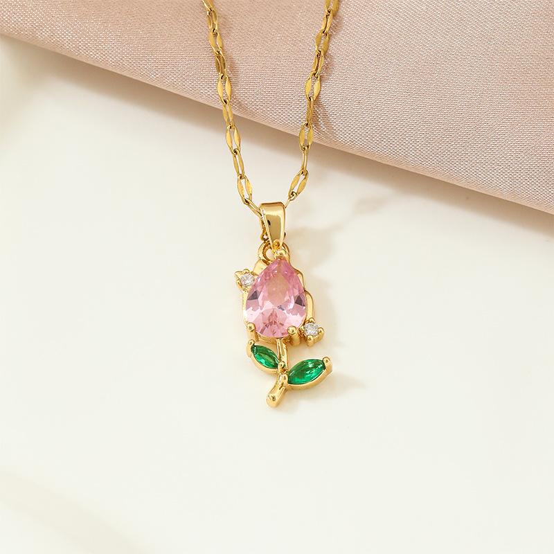 Colier cu lalea roz și zirconiu, design elegant, pentru femei, cu pandantiv floral versatil și proaspăt natural