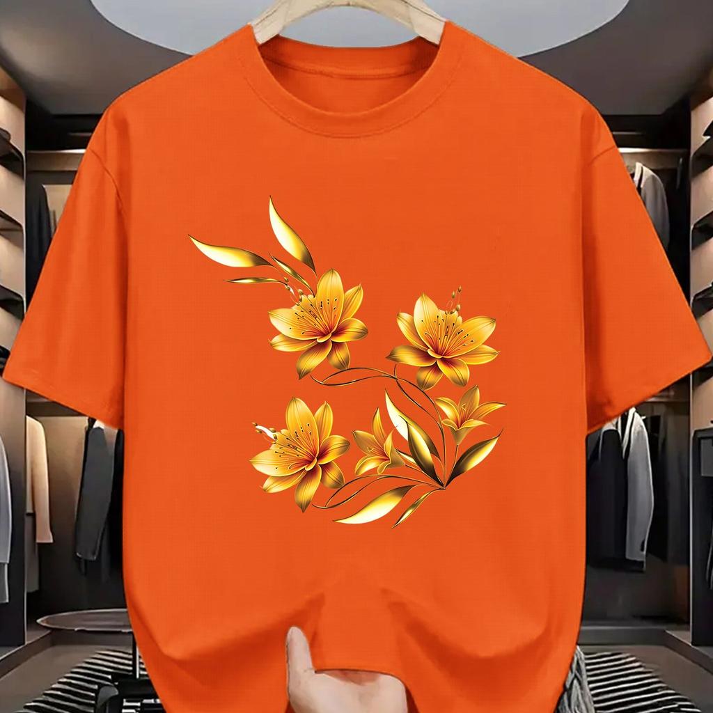 Golden Floral Print Mens Cotton Graphic Tee Casual Short Sleeve TShirt Breathable Summer Fashion