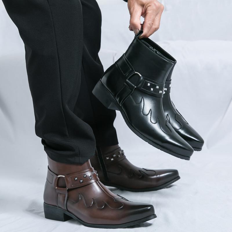 Modne Brytyjskie Biznesowe Skórzane Męskie Buty Wysokiej Jakości Wygodne Wysokie Obcasy Szpiczaste Noski i Buty Chelsea Męska Moda Codzienne Buty Mężczyzna