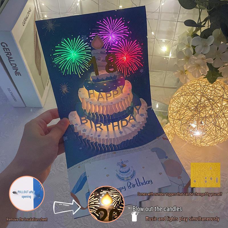 Biglietto di Buon Compleanno Luminoso 3D con Musica e Busta