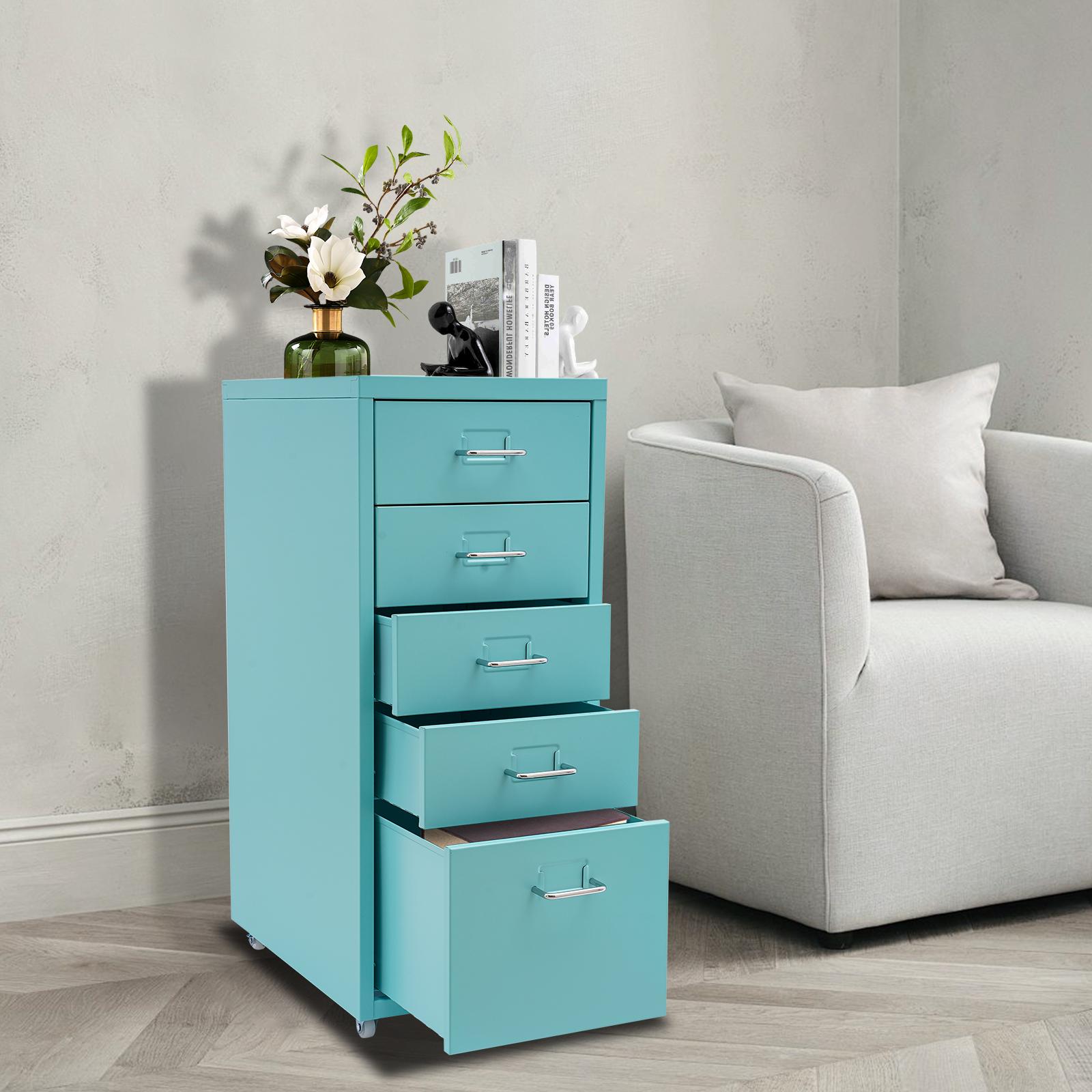 

Металлический передвижной картотечный шкаф с 5 ящиками и запираемыми колесами, Современный синий органайзер для хранения для офиса и спальни(Вместимость ящика 11 фунтов) синий