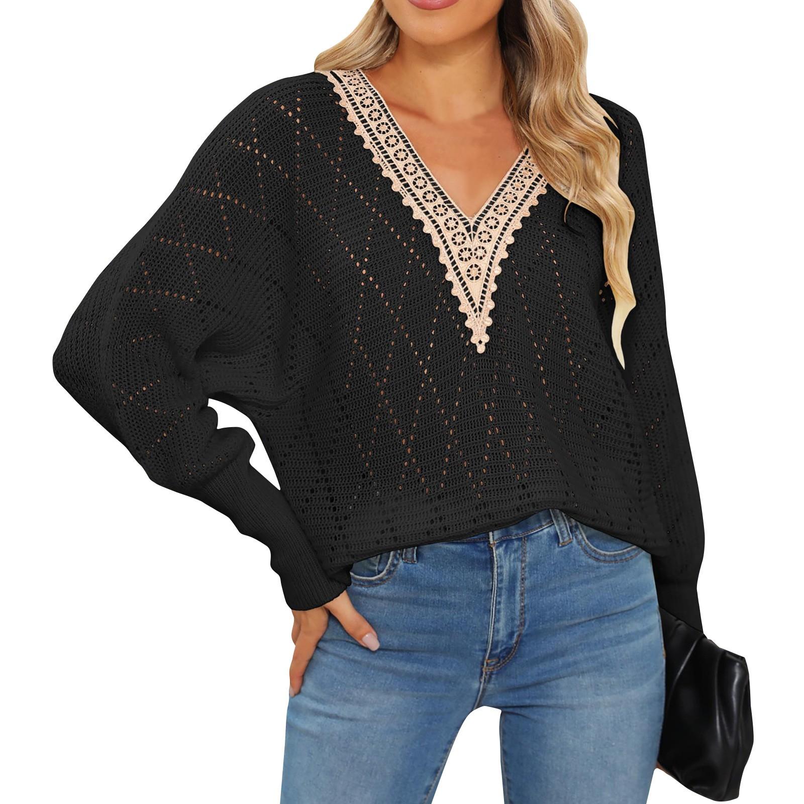 

Женский осенне-зимний ажурный тканый свитер с V-образным вырезом и рукавами-сращиваниями M чёрный