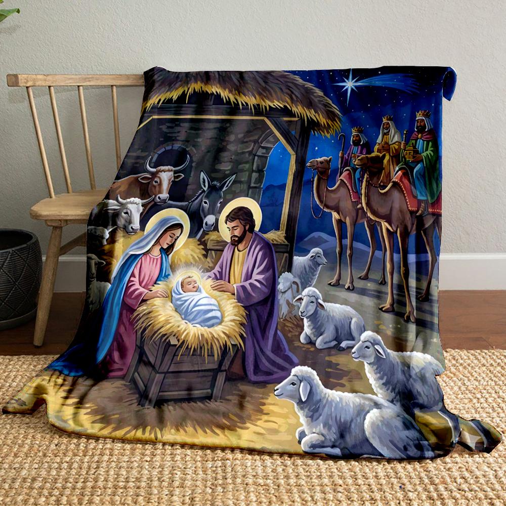 Nativity Scene with Holy Family and MagiFlannel blanket for bedroom, living room, sofa, and nap