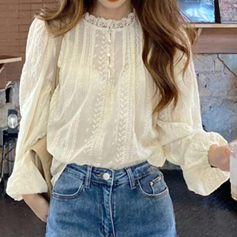 Fashion Korean Style Fashionable Long Sleeved Blouse with Embroidery Elegant Apricot Blouses Sweet Lace Shirt Casual Simple Puff Sleeve Womens Tops