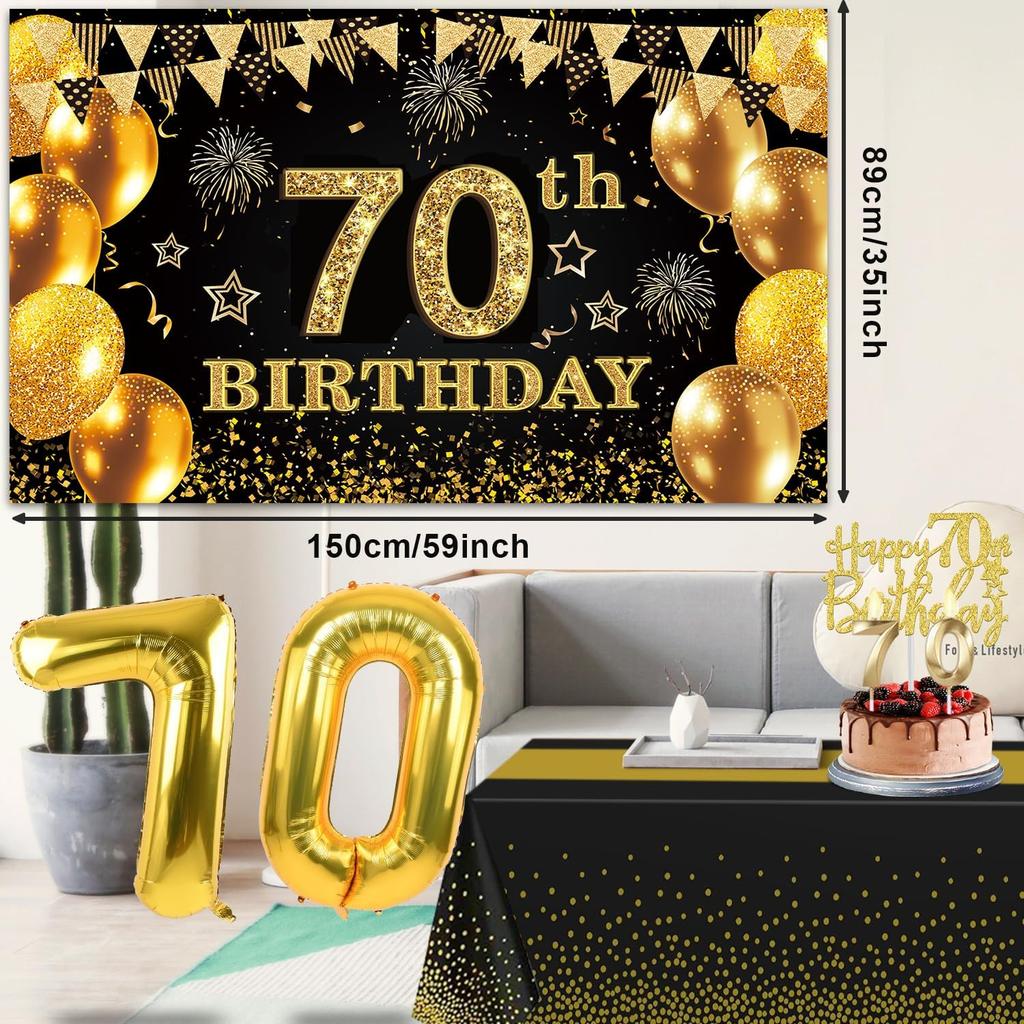 70th Birthday Decorations Men Women with 70th Birthday Banner, Black and Gold Table Cloth,Number Balloons, Large Sash, Cake Topper and Candles