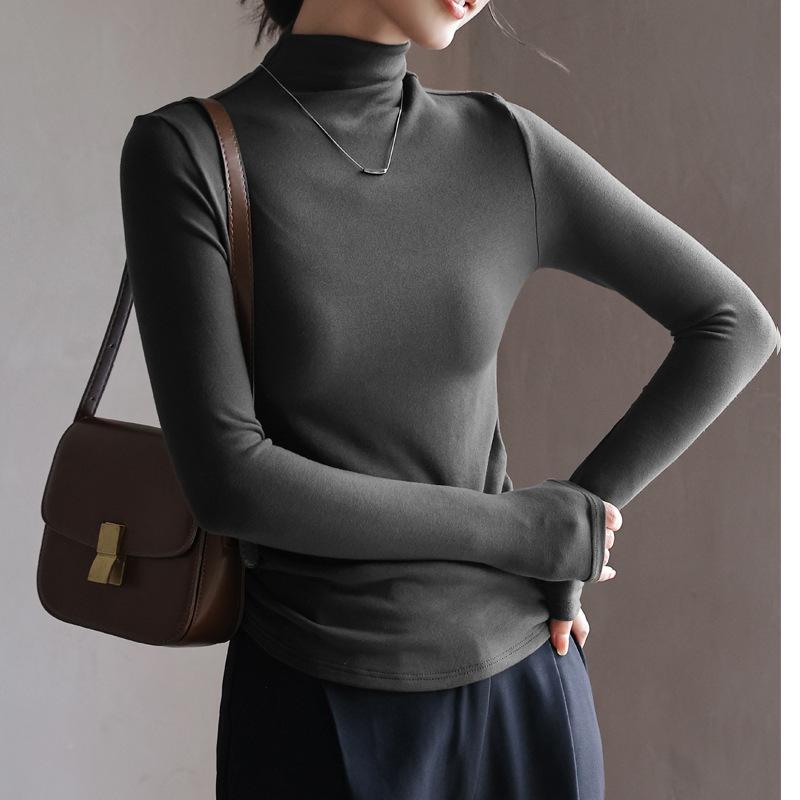 Autumn Winter Half High Collar Solid Color Bottomed Tee Women Long Sleeve All-match Bottomed Pullover Top Tee