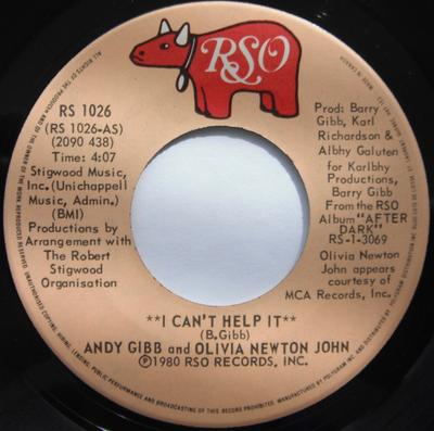 7inch Record ANDY GIBB & OLIVIA NEWTON-JOHN - I Can't Help It RS1026 RSO 1980 Canada Pop Used