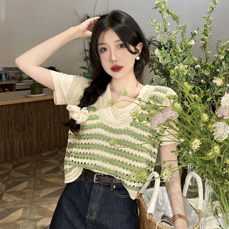 

Summer Korean Style Striped Knit Vest & T-Shirt Set XL (for 55-68 kg)
