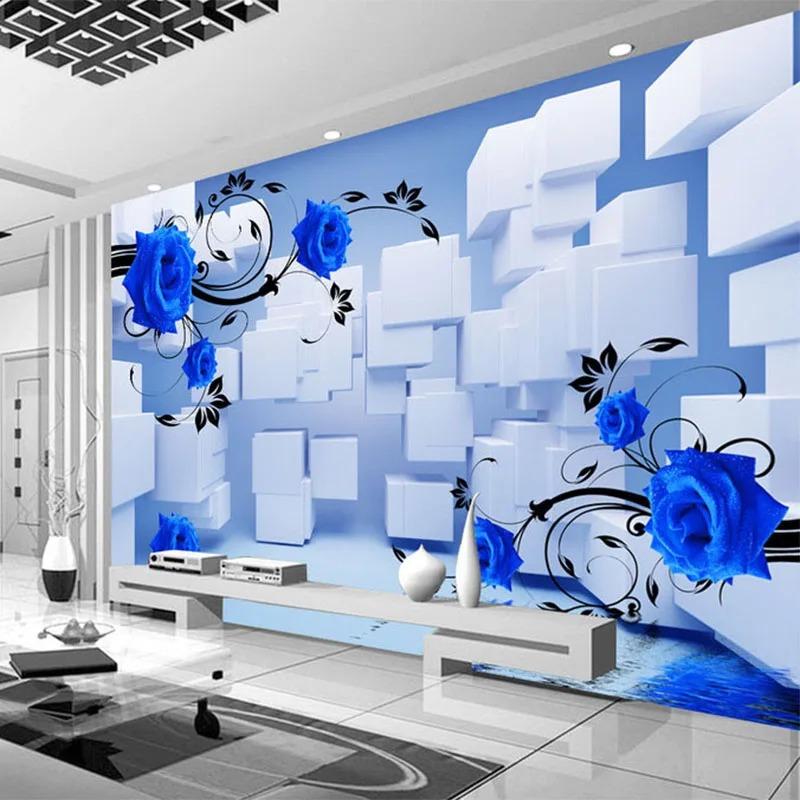 3d Stereo Relief Blue Flower Mural Geometric Square Spatial Expansion Photo Wallpaper Home Decor 3d Fresco