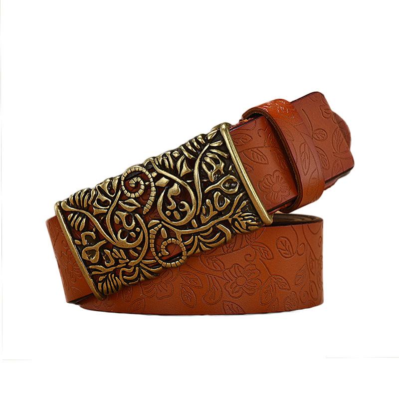 Ceinture Rétro en Cuir Véritable Gaufré pour Femmes Hommes Large Ceinture de Taille en Cuir de Vache Boucle Fleur Dorée Vintage Mode Ceinture pour Jeans Robe 115CM marron