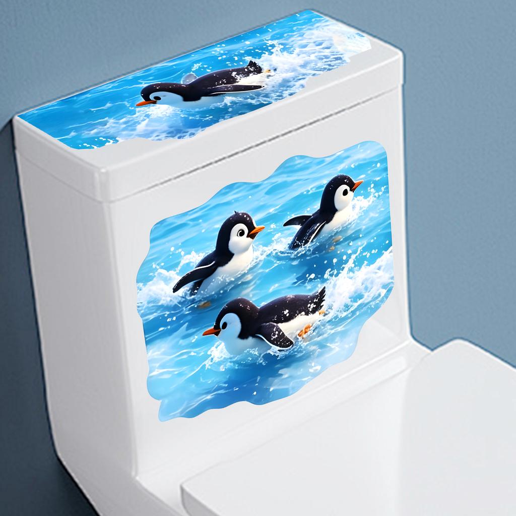 Sticker Ocean Wave Penguin Toilet Sticker - Removable Decorative Poster for Bathroom Toilet