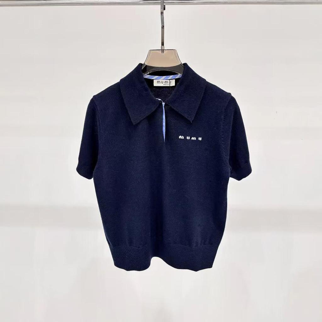 2024 Autumn Simple College Embroidered Short-Sleeve Polo Collar Knit Top