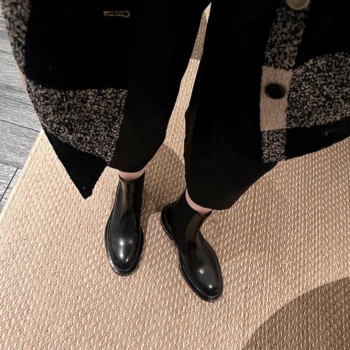 Sheepskin version~ British leather thick-soled Chelsea boots women's thick heel elastic small short boots ankle boots Skinny Martin boots
