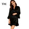 Comfortable Home Wear Women Silk Nightgown with Ruffle Hem, Sexy Long Sleeves V Loose Night Dress Neck Satin Nightshirt, Short Nightdress Sleepwear