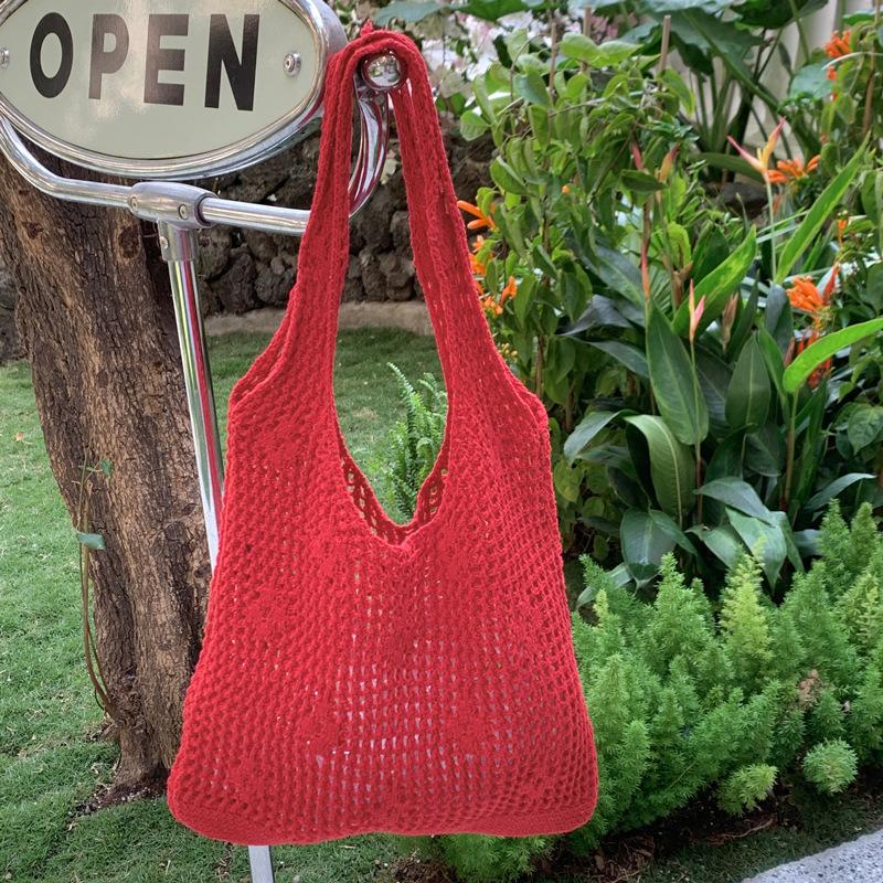 Yogodlns Korean Style Hollow Out Knitted Weave Bag Solid Color Vacation Style Knitted Shoulder Bag Handbag Braided