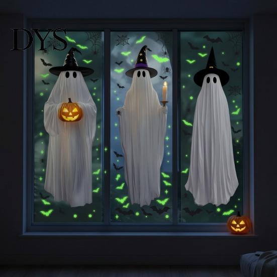 Easy Apply Holiday Window Ornaments Halloween Ghost Static Cling, Luminous Fluorescent PVC Decal, Reusable Party Decorations Removable Decorative