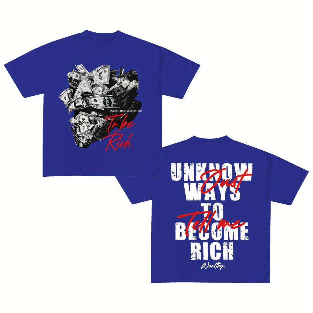 Men's Cotton T-shirt Printed with The Words UNWAYS To BECOME RICH Casual Sports Comfortable Hip-hop Style Crew Neck Short Sleeve