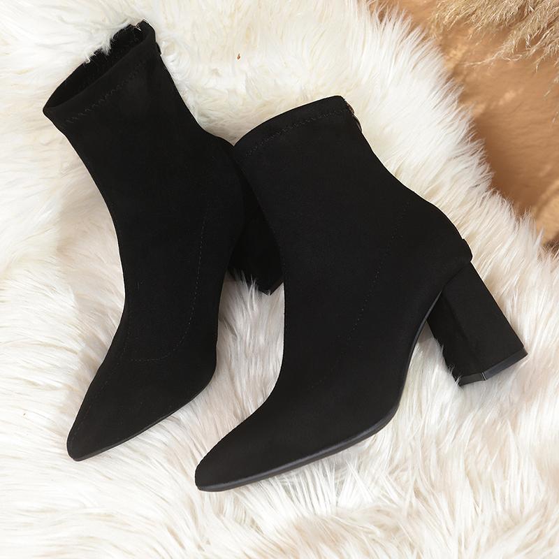 Autumn Pointed Toe Thick Heel Women Stretch Ankle Boots Fashion Elastic Slimming Female Short Booties