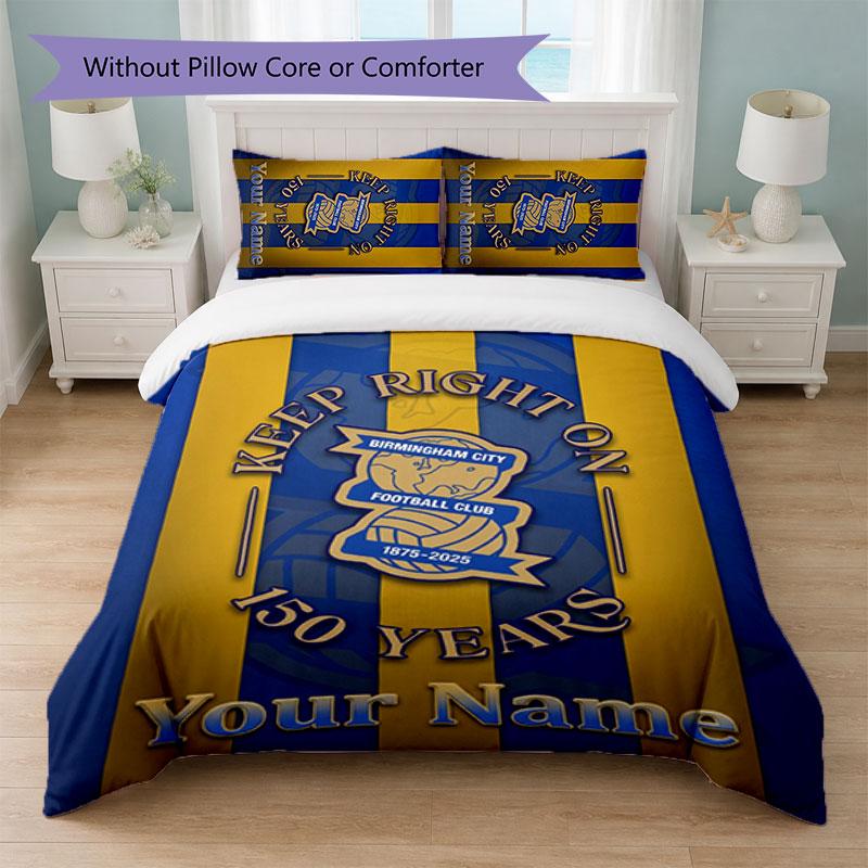 BIRMINGHAM CITY Piłka Nożna Personalizowany Tekst z Nazwą Pościel 1 Poszewka na Kołdrę + 2 Poszewki na Poduszki Logo Piłkarskie Spersonalizowany Prezent na Specjalną Okazję Wystrój Sypialni