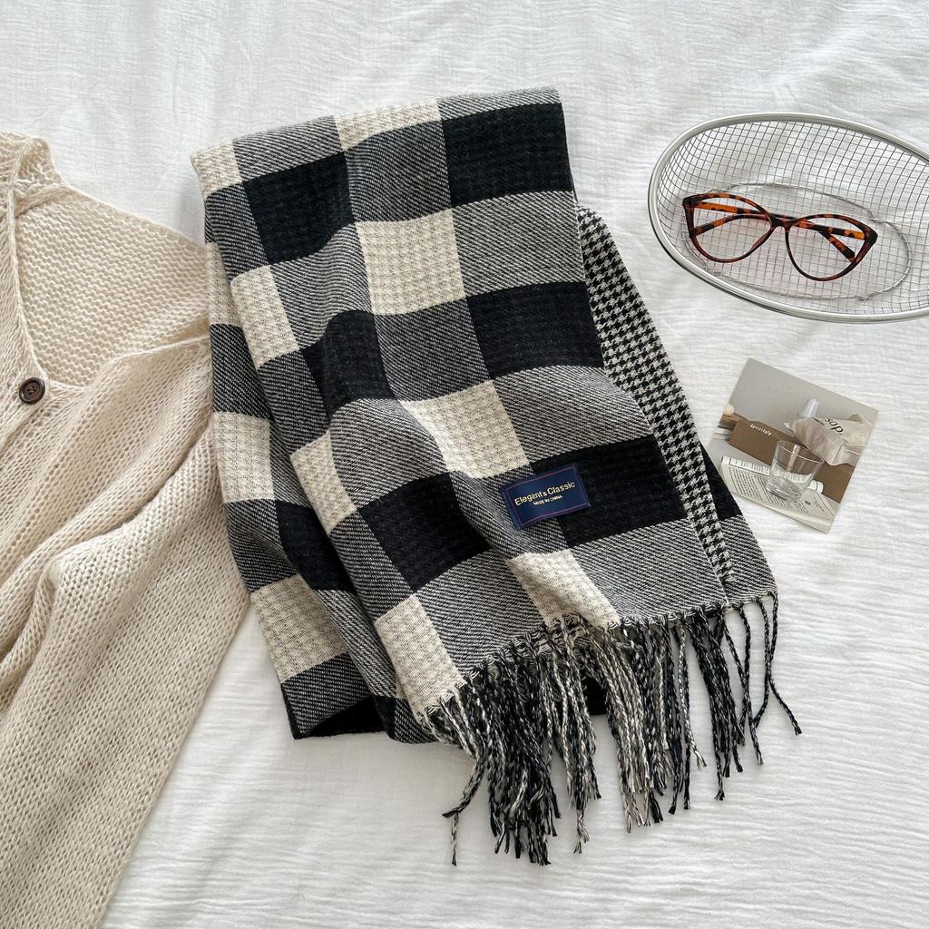 Women Preppy Style Plaid Houndstooth Knitted Scarf Headscarf Casual Tassel Scarve Mujer Foulard Wrap Shawl Winter New Korean