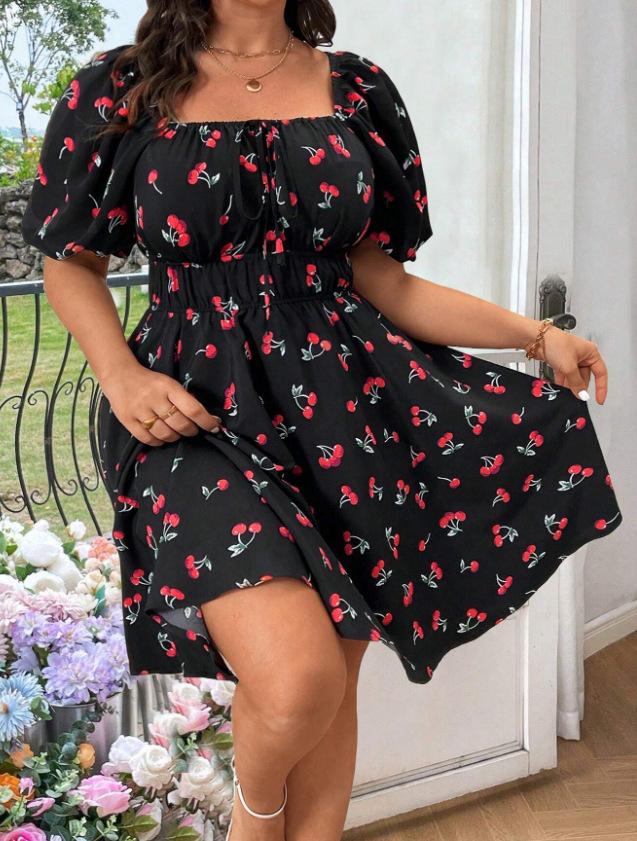 Print Dress Short Sleeve Cherry Print Large Size Dress