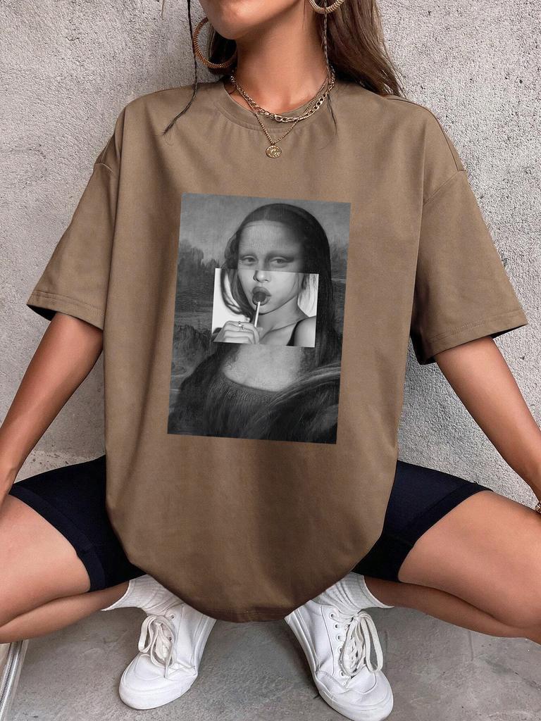 Mona Lisa Drinking Beverages Womens Tshirt Summer Breathable Casual T Shirt Loose Soft Tops Hip Hop Oversize Fashion Clothes