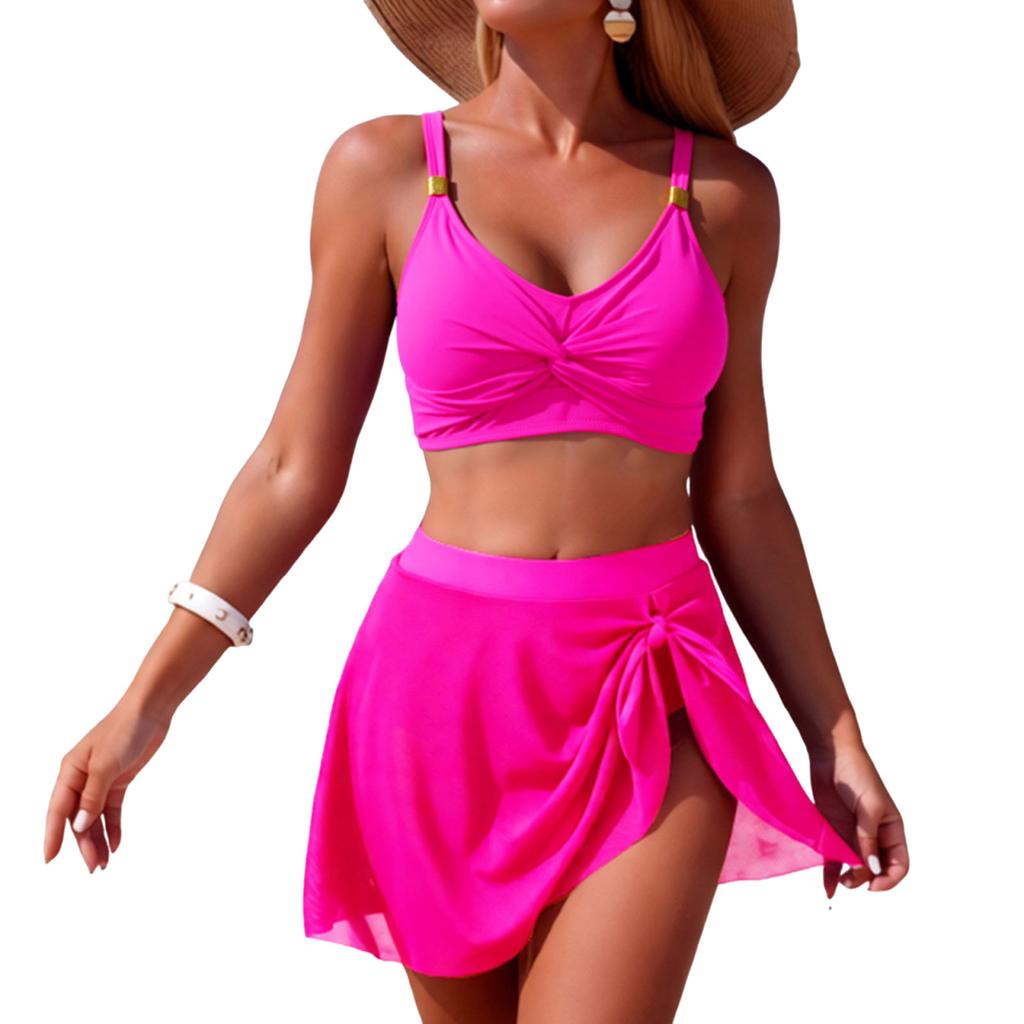 Women two piece bikini set with ruched bralette top and wrap swim skirt high waist tummy control bathing suit
