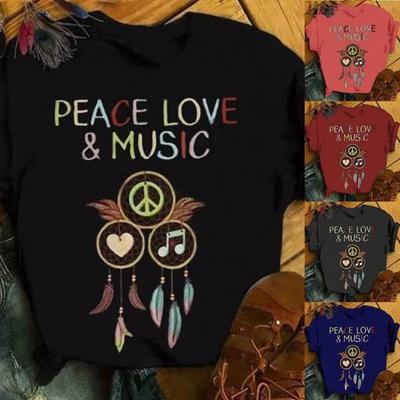 Frieden Liebe Musik Windspiele Druck Damen T-Shirt Kurzarm O-Ausschnitt Locker Damen T-Shirt Damen Mode T-Shirt Tops Kleidung
