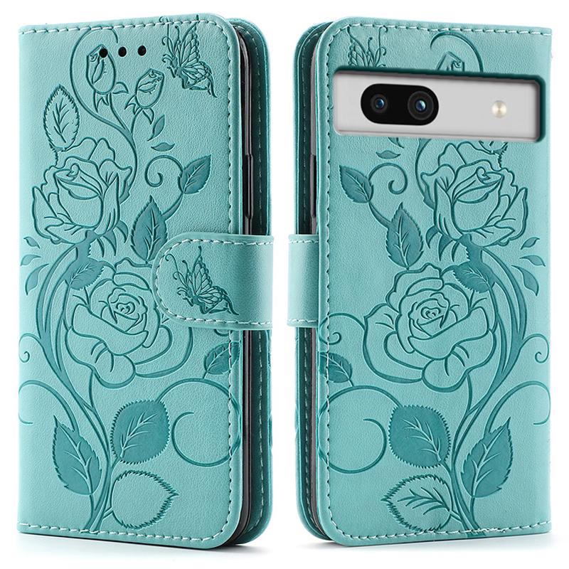 For Google Pixel 7a Case Wallet Stand Imprinted Rose Butterfly PU Leather Phone Cover