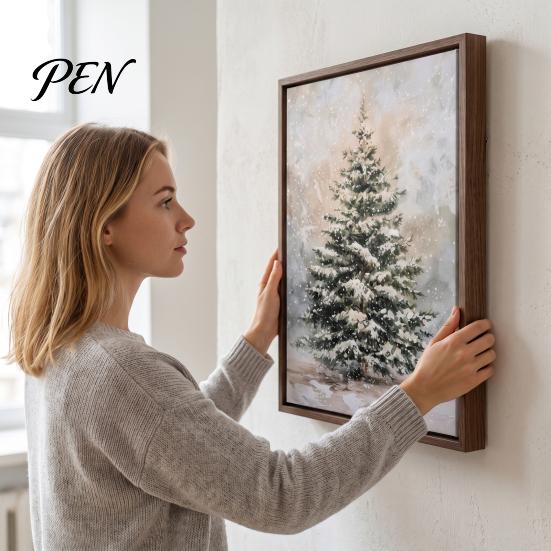 Decorative Christmas Tree Painting Wall Art, Light Up Snowy Pine Artwork, Rustic Framed Gift for Bedroom Office Canvas Art Farmhouse Home Kitchen