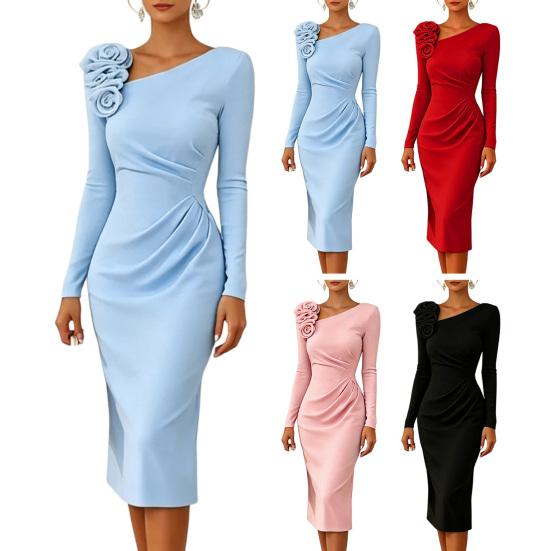 Huaqianguhh Vestito Midi Bodycon da Donna per Feste Cocktail, Manica Lunga Fiore 3D Pieghettato Abito Formale da Ospite di Matrimonio da Sera