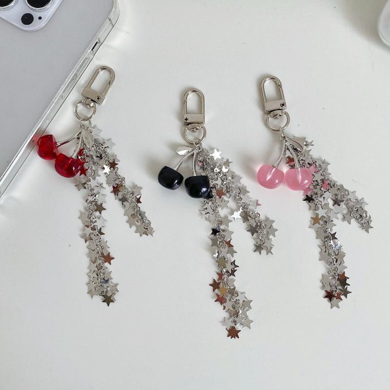 Y2K Vintage Cherry Star Tassel Chain Keyring Girly Cute Mobile Phone Lanyard Camera Pendant Key Accessories Gifts