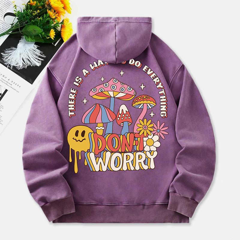 Mushrooms Washed Hoodie Womens Don'T Worry Printed Cotton Clothes Long Sleeves Pocket Oversize Winter Womans