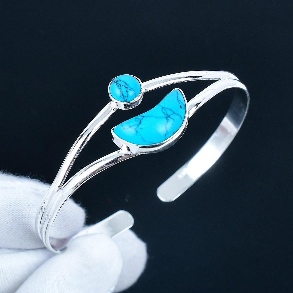 Dainty Turquoise Gemstone Handmade Cuff Bangle 925 Sterling Silver Cuff Bangle, Turquoise Bracelet For Wife , Unisex Bangle, Valentine's Day Gift