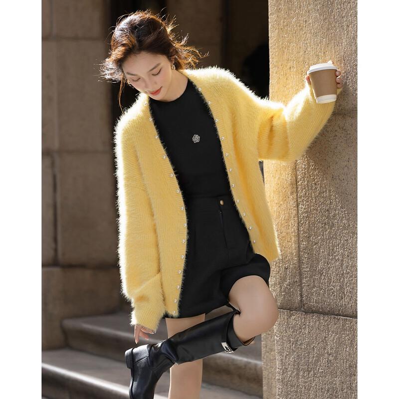 De Mana Women s Faux Mink V-Neck Beaded Knit Cardigan L