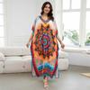 EDOLYNSA Kausales Boho-Print-V-Ausschnitt, Übergröße, lockeres Kaftan-Hauskleid 2024 für Frauen, Sommer, Strandkleidung, Badeanzug-Überzug, lockere Robe Q1594