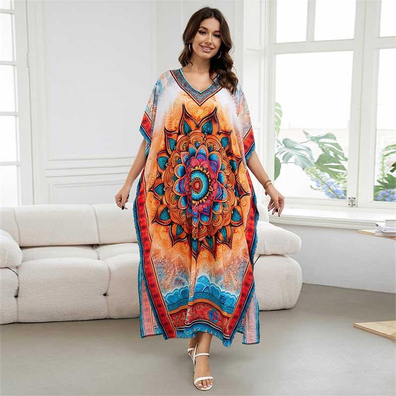 EDOLYNSA Ležérní boho tištěný výstřih do V, volné kaftanové šaty, plus velikost, 2024, dámské letní plážové oblečení, plavky, zakrýt volný župan Q1594