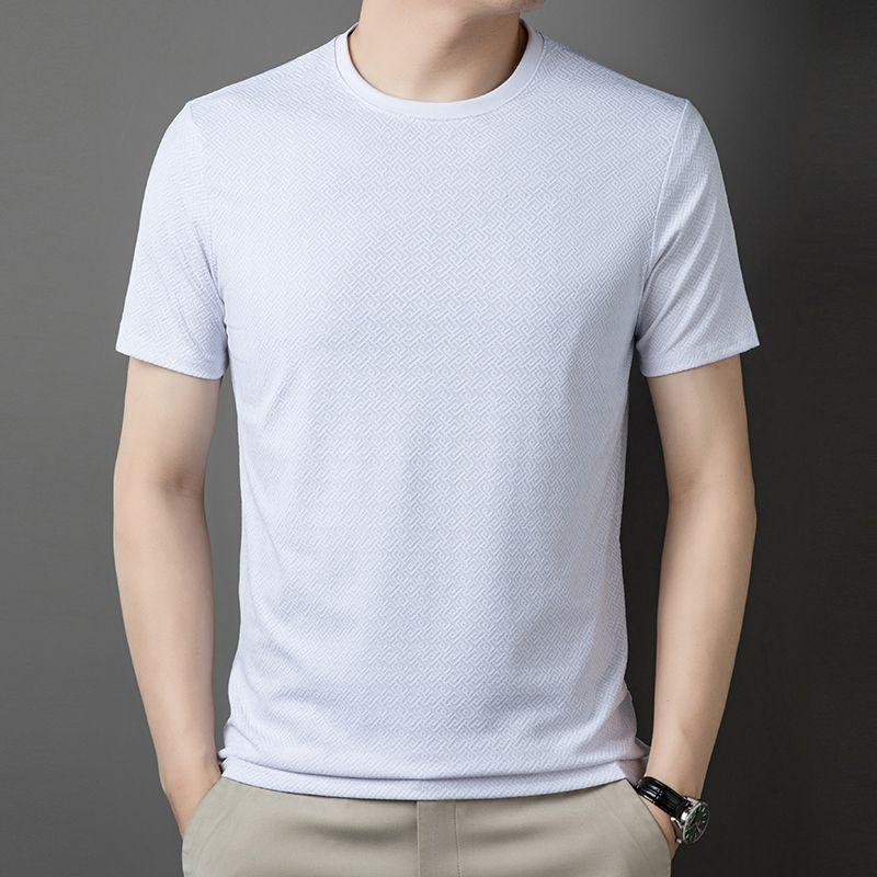 Ice Silk Jacquard T-shirt Men's Middle-aged Fashion Casual Plaid Round Neck Short-sleeved T-shirt Top