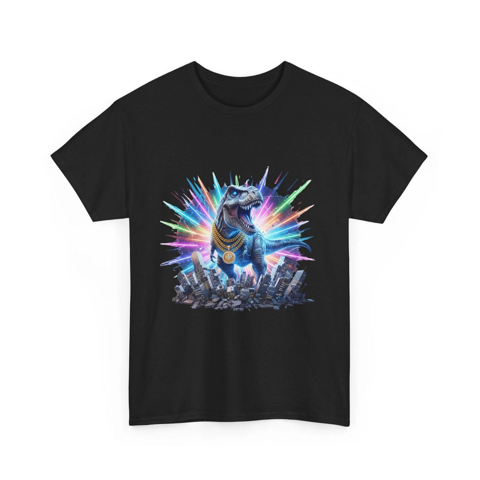 Dinosaur Rising Cityscape T-Shirt | Neon Burst Wildlife Illustration, Cool Shirt 3XL