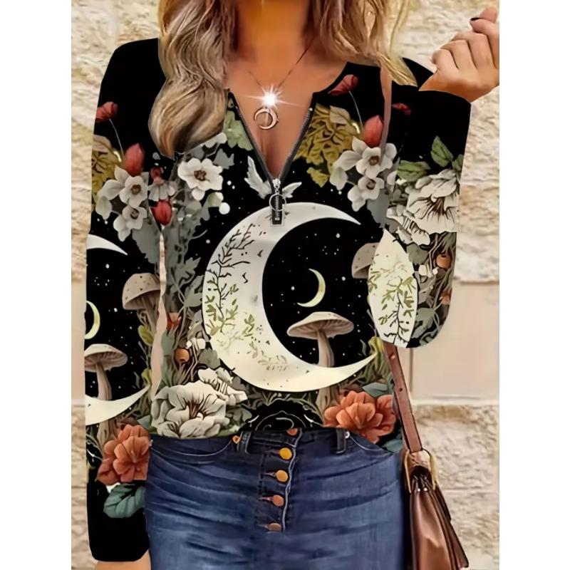Women's elegant printed zipper long-sleeved top, stylish and versatile for autumn and winter casual and office wear, machine washable