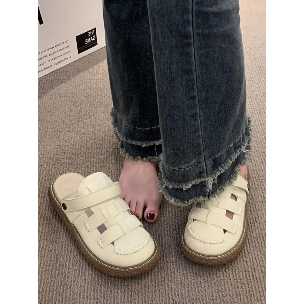 Two wear hollowed-out bag head sandals women's new literary hole hole thick-soled Mori half slippers summer wear