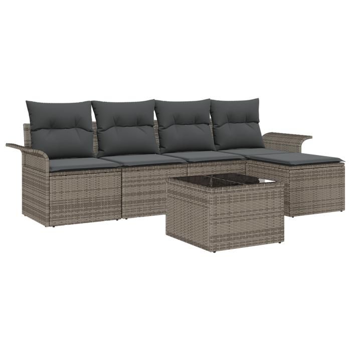 5-Piece Garden Sofa Set with Black Poly Rattan Cushions, 2-Seater Sofa with Storage and Gray Poly Cushions 3353998