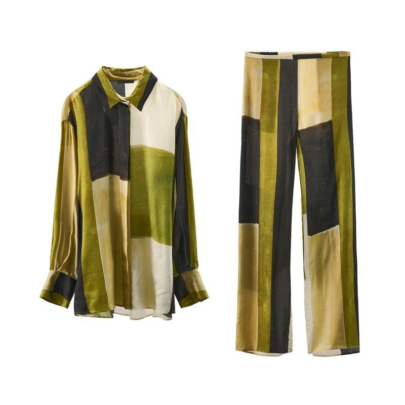 Summer New Long sleeve Lapel Print Shirts 9063816 Mid-Waist Silk Satin Texture Printed Pants 9064816