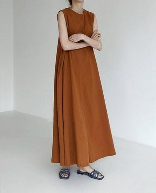 Korean Chic Pumpkin-Colored Sleeveless Cotton Linen Swing Dress
