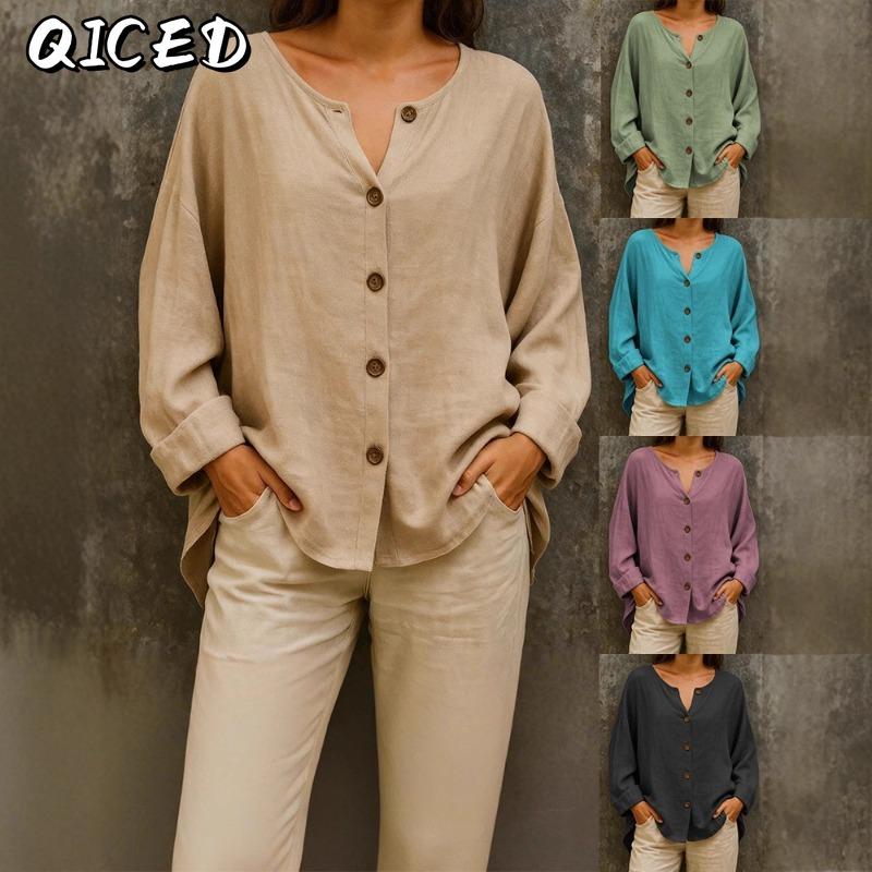 QICED Camicette e camicie da donna con scollo a V, maniche corte, stampa tinta unita casual alla moda