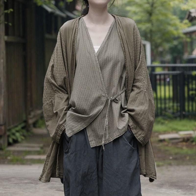 Johnature Damskie Koszule Vintage Patchwork Wiosna Damskie Luźne Płaszcze w Stylu Chińskim