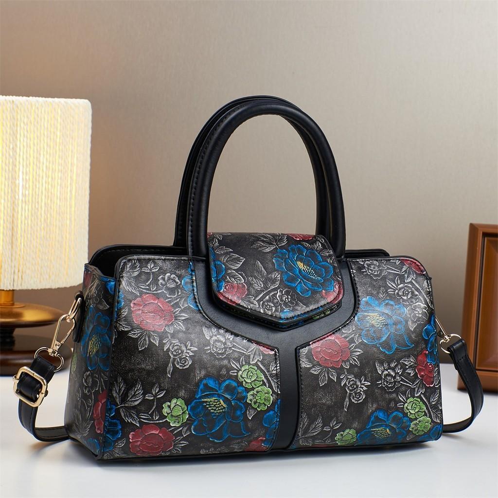 Boston Tote Bag With Splicing Prints And Pu Material For Daily Casual Use