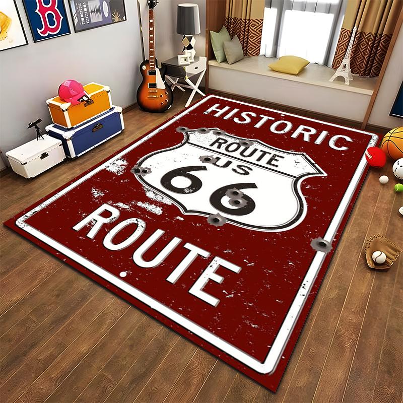Vintage Route 66 Historic Road Sign Carpet with Red Background Suitable for use as an anti-slip for living room bedroom sofas