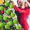 10 Pcs Green Furry Christmas Ball Ornaments with Red Bow Soft Faux Fur Pom Pom Ball Hanging Decorations for Holiday Tree Decor